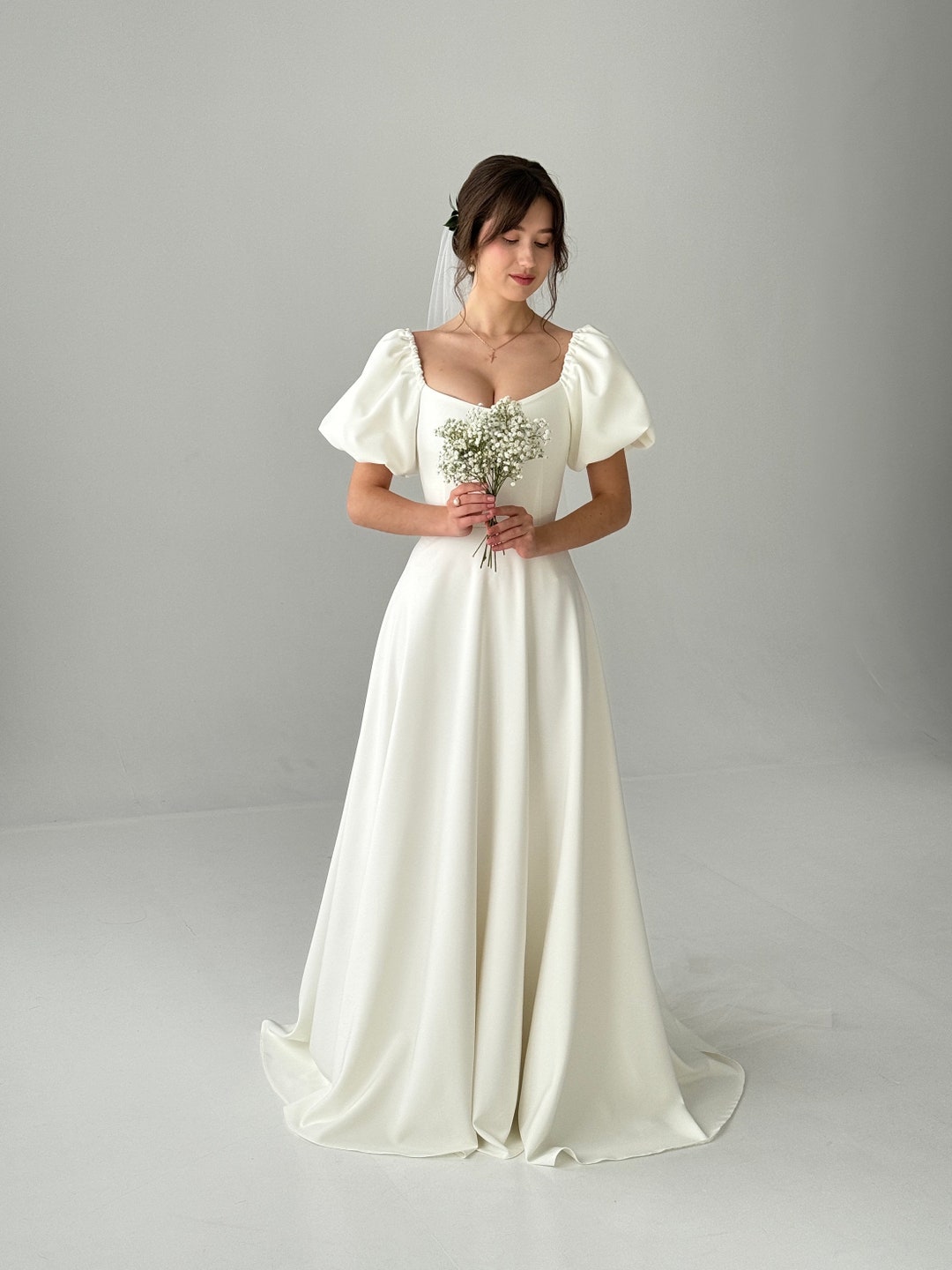 Cream A-Line Wedding Dress, Boho Puff Sleeves, Elopement Gown