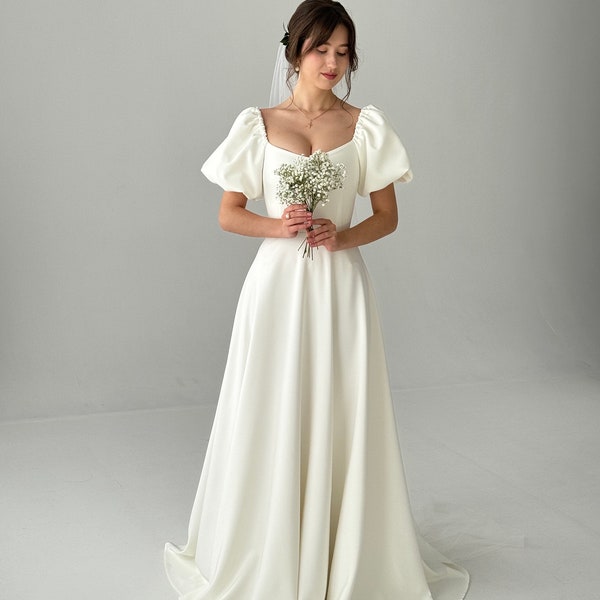 Modest dress with  sleeves,fairycore dress, a-line  wedding dress,  ivory-colored dress, simple wedding dress, bridal dress.