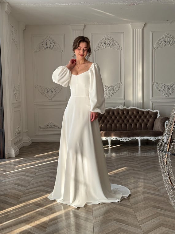 Long Sleeves Cotton Wedding Dress, Simple Wedding Dress, Goddess Wedding Dress, Courthouse Wedding Dress, Western Wedding Dress Long Sleeves Cotton Wedding Dress, Simple Wedding Dress, Goddess Wedding Dress, Courthouse Wedding Dress, Western Wedding Dress