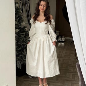 Corset cotton puff  sleeves dress, dress with pockets , ivory-colored dress,  midi  dress,  simple wedding dress, bridal dress.
