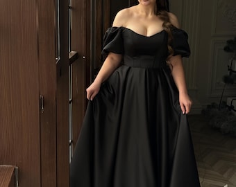 Black corset satin wedding dress with short sleeves, basque waist fairycore wedding dress, A-line wedding dress with train.