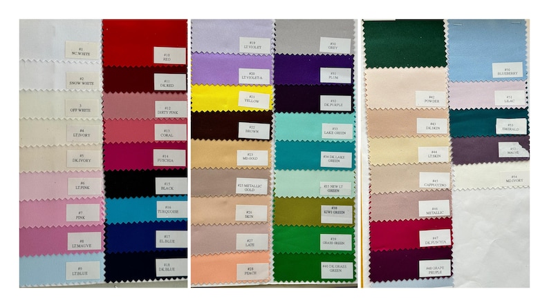 K&ouml;nnte beinhalten: Eine Sammlung von Stoffmustern in verschiedenen Farben, darunter Rot, Rosa, Blau, Gr&uuml;n und Lila. Jedes Muster ist mit einem Farbnamen und einer Nummer versehen. Die Muster sind in Reihen und Spalten angeordnet und zeigen eine gro&szlig;e Auswahl an Farbt&ouml;nen.