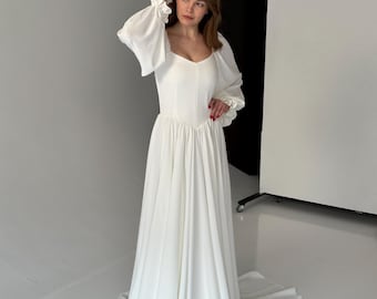 Modest Chiffon A-Line Wedding Dress: Flowing Sleeves, Ivory Cream