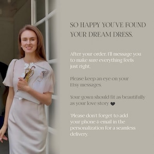 May include: A woman in a light-colored dress holds a notebook and scissors. Text on the right says, "SO HAPPY YOU'VE FOUND YOUR DREAM DRESS." Additional text provides order details and Etsy message instructions for a seamless delivery.