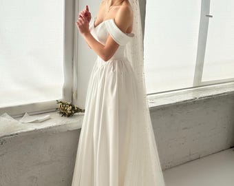 Robe de mariée corset à épaules dénudées, robe trapèze en satin