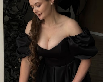 Black Wedding Dress, Modest Wedding Dress, Prom Dress, Satin Wedding Dress, Victorian Basque Waist Wedding Dress, Dark Academia Dress