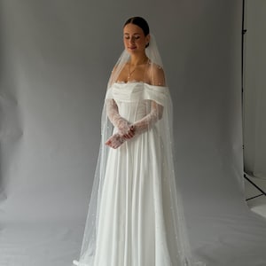 Basque Waist Wedding Dress: Corset Bridal Gown With Lace Sleeves, Bridal Scarf
