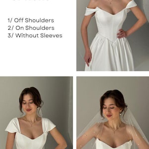 May include: Three images showing different sleeve options for a white wedding dress. The first image shows a dress with off-the-shoulder sleeves. The second image shows a dress with short sleeves. The third image shows a dress without sleeves. The text on the image reads: '3 Sleeve Options', '1/ Off Shoulders', '2/ On Shoulders', '3/ Without Sleeves'.