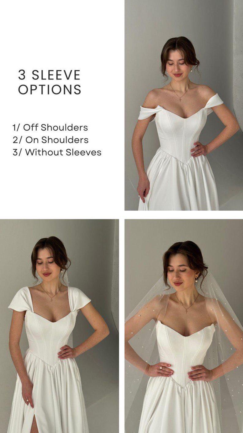 May include: Three images showing different sleeve options for a white wedding dress. The first image shows a dress with off-the-shoulder sleeves. The second image shows a dress with short sleeves. The third image shows a dress without sleeves. The text on the image reads: '3 Sleeve Options', '1/ Off Shoulders', '2/ On Shoulders', '3/ Without Sleeves'.