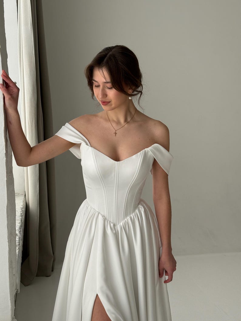 Corset Wedding Dress, Fairy Wedding Dress, A-line Modest Wedding Dress, V-waistline Boho Wedding Dress, Off The Shoulder Wedding Dress image 14