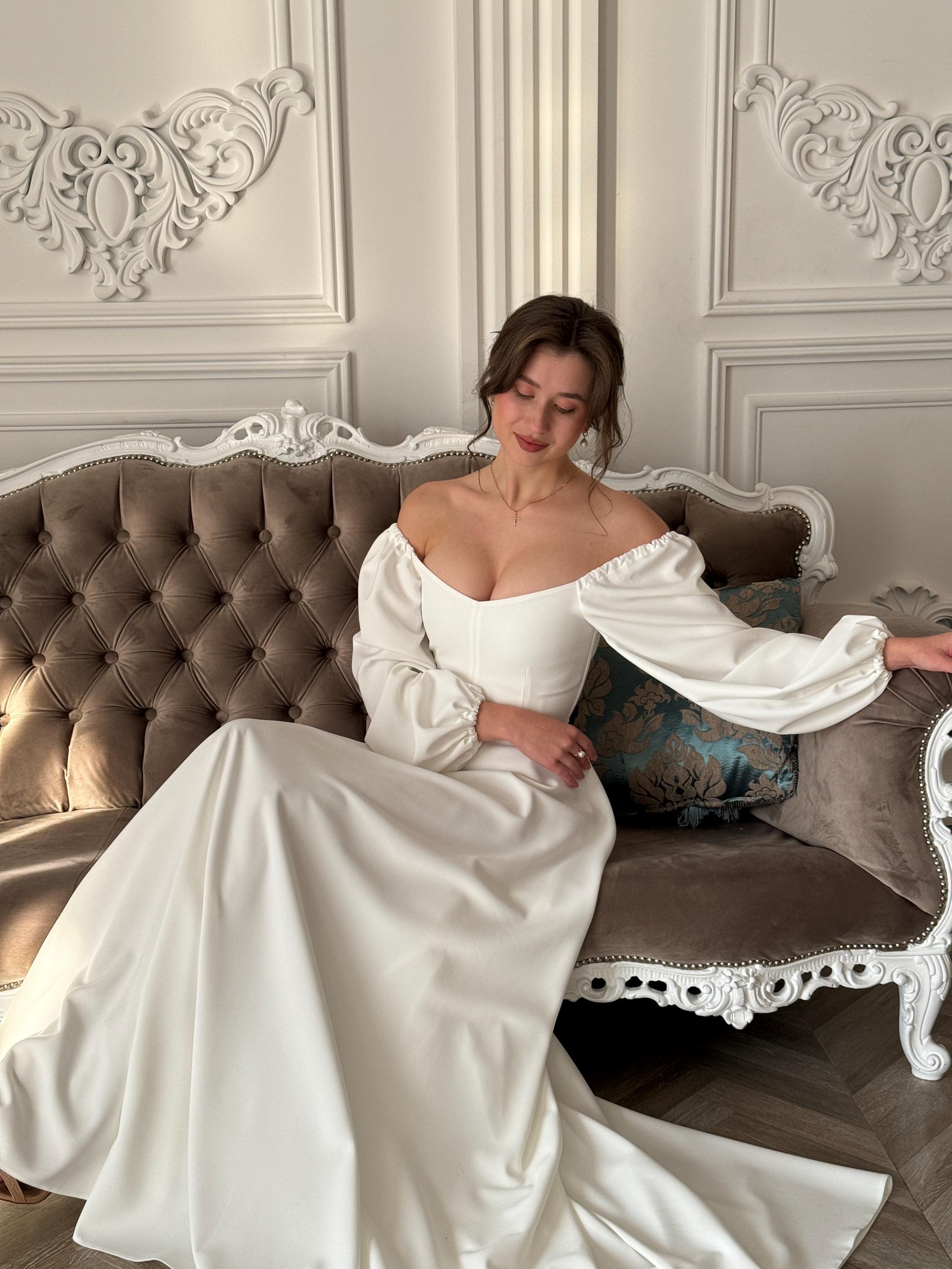 Puff Sleeve Wedding Dress, Cream Maxi Dress
