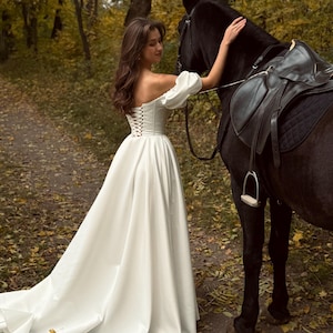 Fairycore Satin Corset Wedding Dress: Basque Waist, A-Line With Train image 2