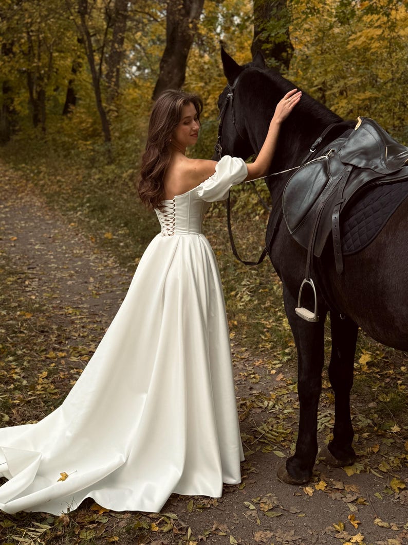 Fairycore Satin Corset Wedding Dress: Basque Waist, A-Line With Train image 2