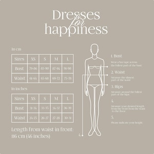 May include: A beige graphic with the text "Dresses for happiness" and a size chart in inches and centimeters. The chart includes bust and waist measurements for sizes XS to L. The length from the waist in front is 46 inches.