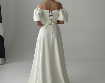 Modest wedding dress with puff short sleeves,  ivory-colored dress,  maxi  dress,  simple wedding dress, bridal dress.