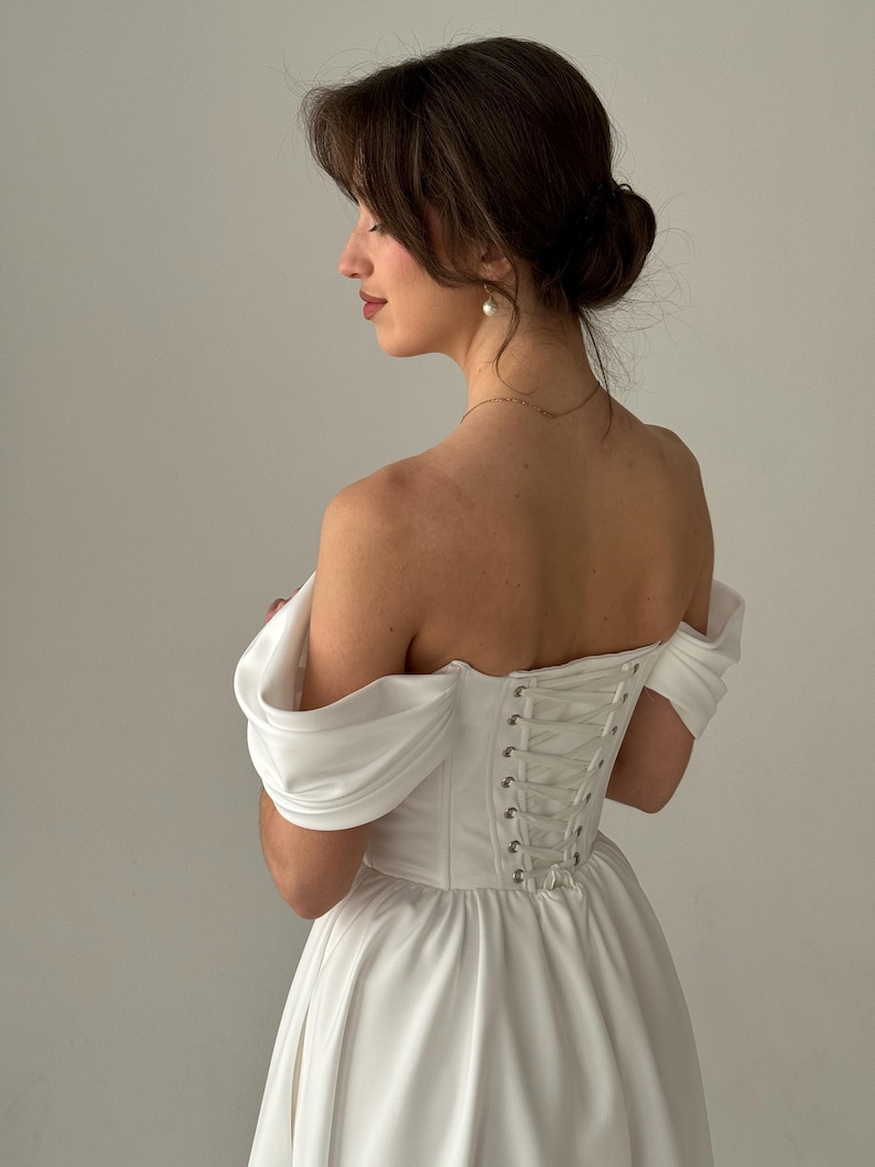 Basque Waist Fairy Wedding Dress, Midi Simple Wedding Dress, Modest Wedding Dress, Corset Wedding Dress, Tea Length Fantasy Wedding Dress