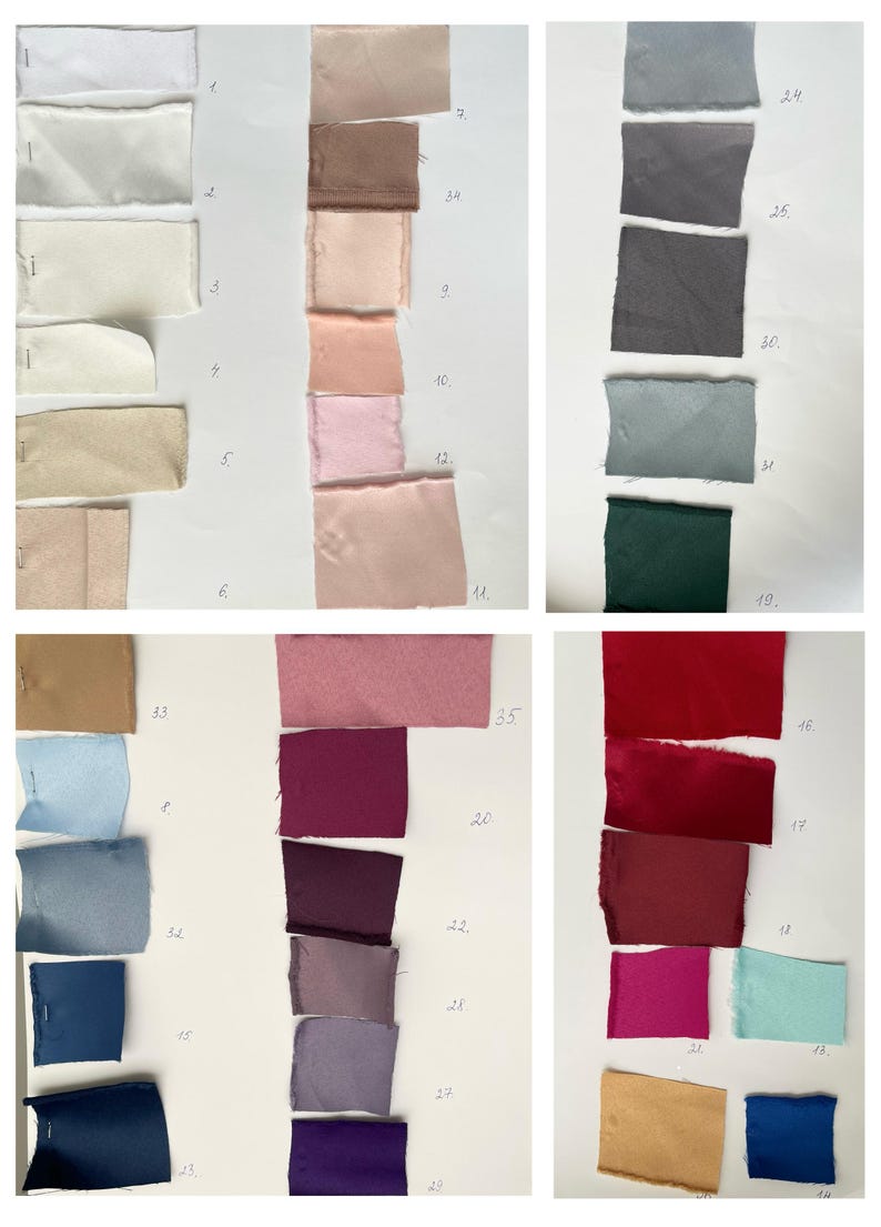 May include: A collection of fabric swatches in various colors, including white, beige, pink, gray, blue, and red. The swatches are arranged on a white background, with numbers written on the paper. The fabric appears to be satin or silk.