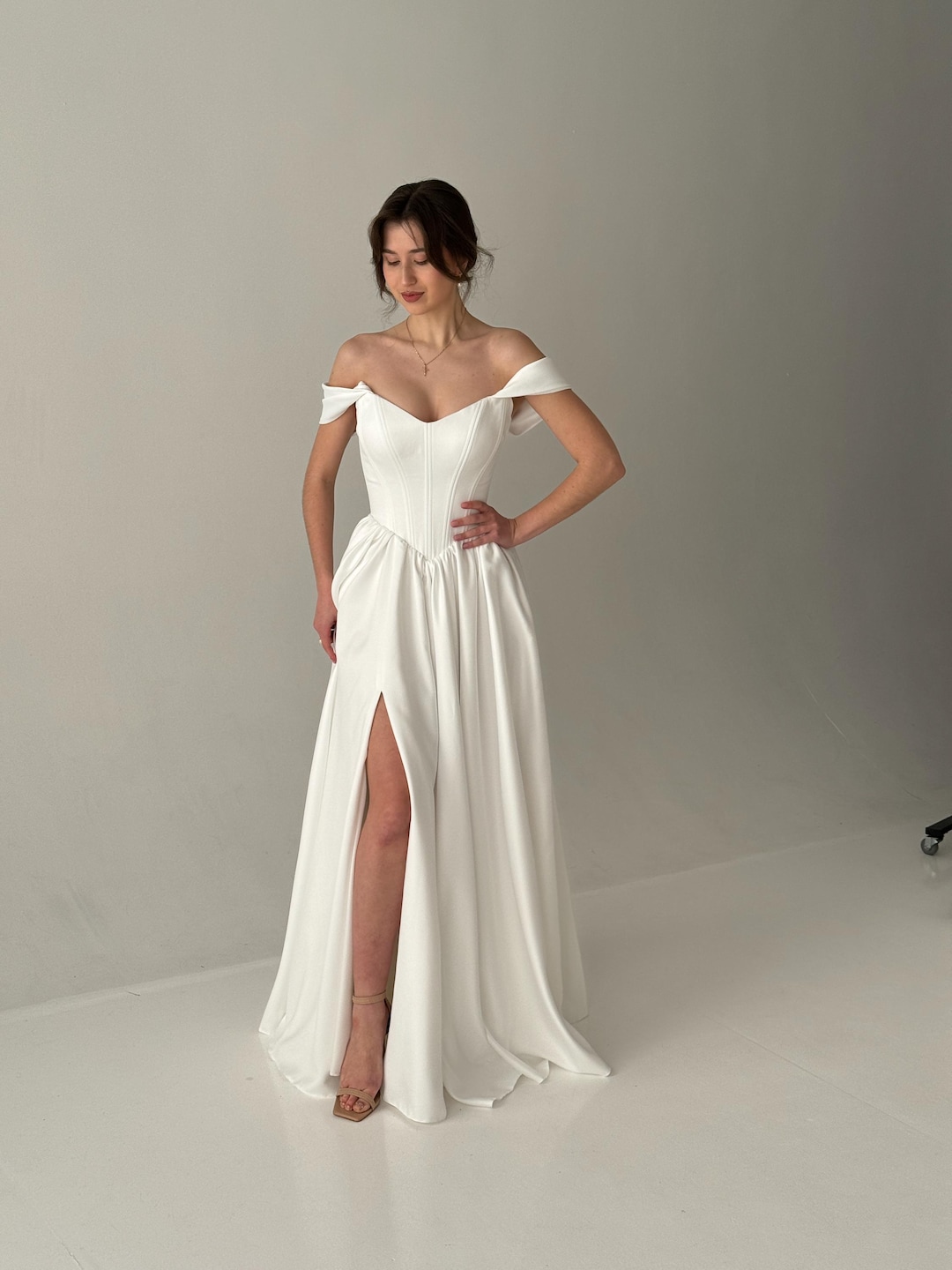 Corset Wedding Dress, Fairy Wedding Dress, A-line Modest Wedding Dress, V-waistline Boho Wedding Dress, Off The Shoulder Wedding Dress