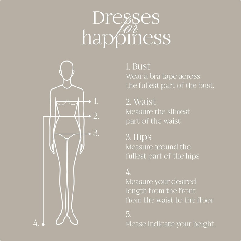 K&ouml;nnte beinhalten: Ein Diagramm auf hellbraunem Hintergrund mit dem Text "Dresses for happiness". Es zeigt, wie man Brust, Taille, H&uuml;fte und die gew&uuml;nschte Kleidl&auml;nge misst. Anweisungen umfassen das Messen der vollsten Stelle der Brust, der schmalsten Stelle der Taille und der H&uuml;fte.