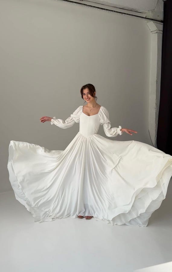 Chiffon Renaissance Wedding Dress, Long Sleeves, Drop Waist - Etsy Israel Chiffon Renaissance Wedding Dress, Long Sleeves, Drop Waist - Etsy Israel