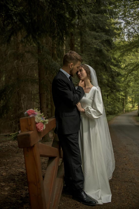 Satin Square Neck Wedding Dress, Long Sleeve Civil Elopement Gown