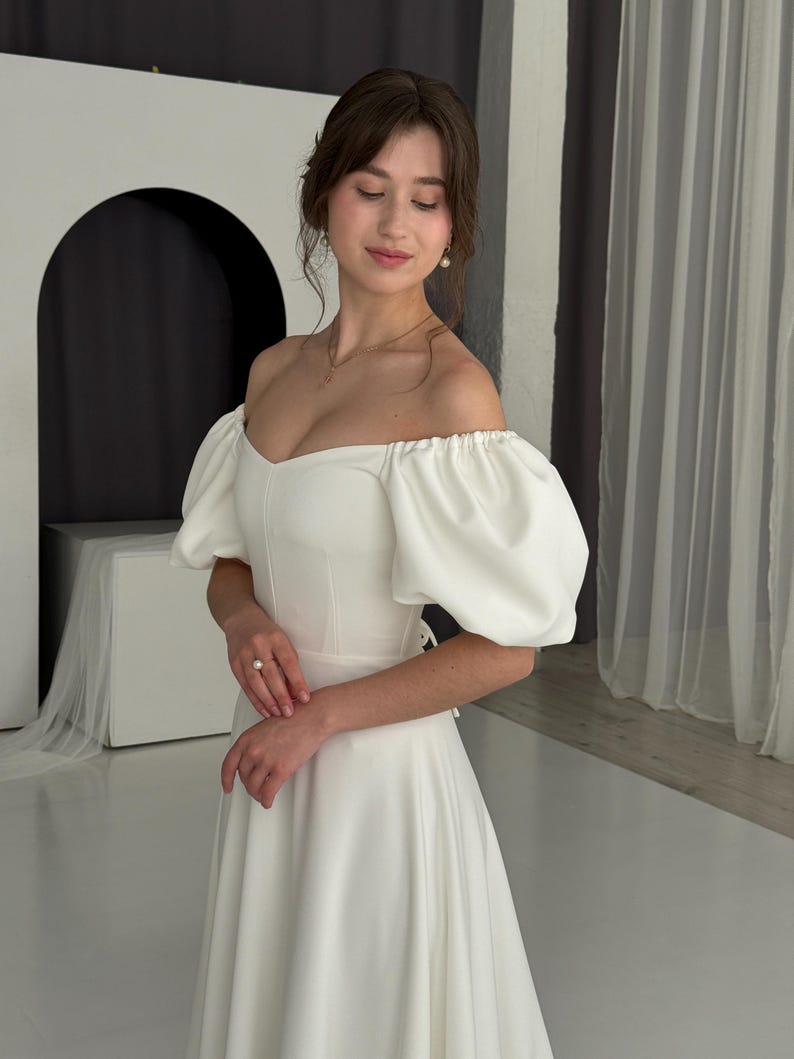 Off-Shoulder Boho Wedding Dress: Cream Cotton Blend, Elegant Elopement Gown image 18