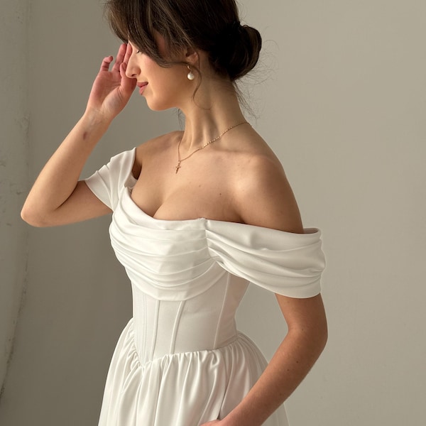 Midi Corset Wedding Dress, Off-Shoulder Draped Sleeves
