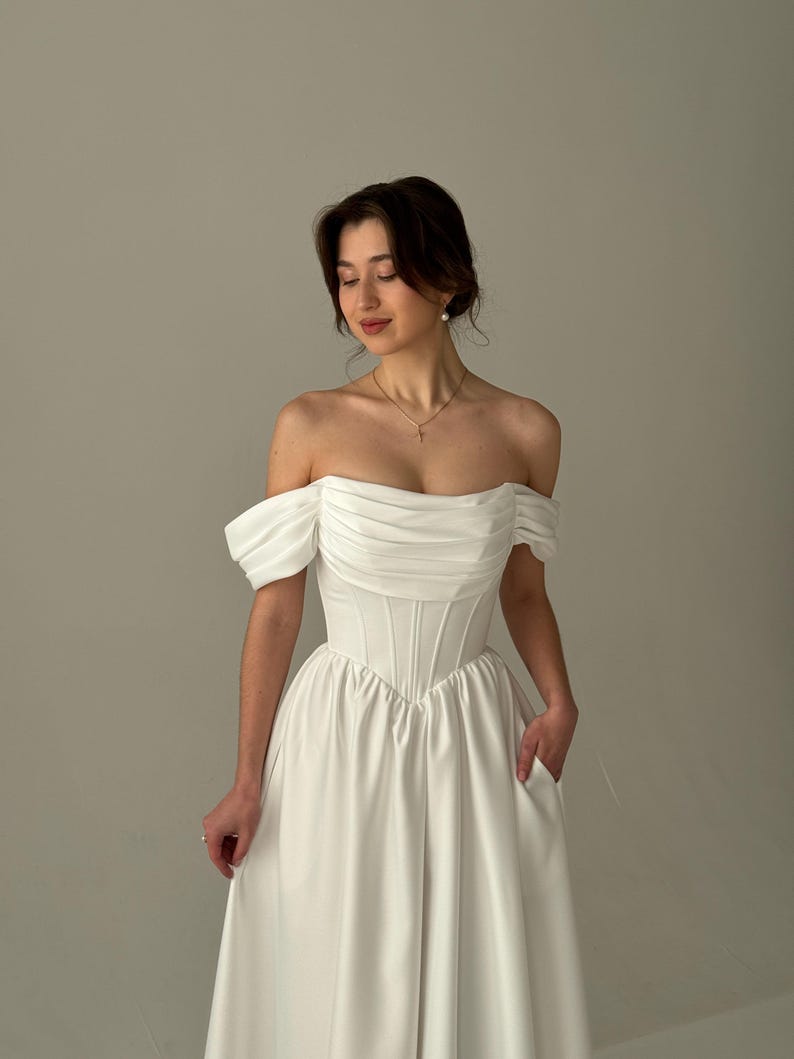 Basque Waist Fairy Wedding Dress, Midi Simple Wedding Dress, Modest Wedding Dress, Corset Wedding Dress, Tea Length Fantasy Wedding Dress