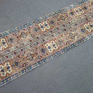 Peut inclure: Un tapis rectangulaire étroit avec un motif floral complexe. Le tapis présente un motif central dans des tons beige, marron et bleu, bordé d'une bordure bleue et crème. Le design du tapis est symétrique et détaillé.