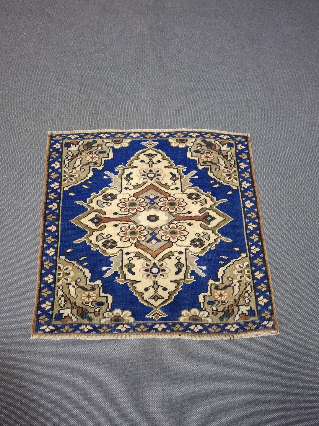 Vintage Handwoven Wool Rug 2x2 Ft: Small Anatolian Blue Floral Carpet ...