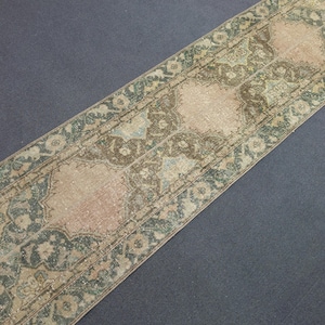 May include: A rectangular, vintage-style runner rug with a faded, distressed appearance. The rug features a central design in shades of pink and beige, framed by a border of green and brown floral patterns. The rug is placed on a dark gray surface.