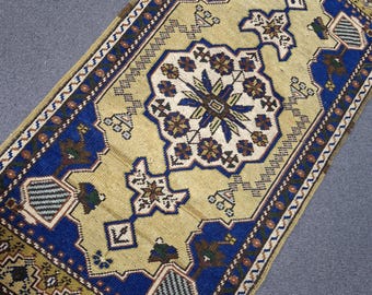 Vintage Turks klein vloerkleed 1,8 x 3,5 voet: handgeweven wollen boho-accenttapijt