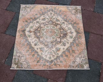 3x3 Vintage Turkish Square Rug, Handmade Wool Carpet (3.3x3.4 ft)