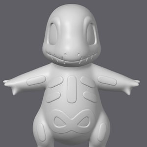 May include: A white 3D model of a cartoon dinosaur with a skeletal pattern on its body. The dinosaur has a wide stance with its arms outstretched.