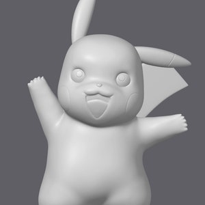 May include: A white 3D printed model of a cartoon character with large ears and a wide smile. The character is standing with its arms raised and has a rounded body shape.