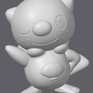 May include: A white 3D printed model of a cartoon character with a winking eye, a small nose, and a large, round belly. The character has a small, round tail and is standing on two feet.