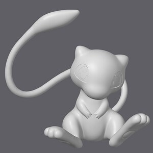 May include: A white 3D model of a cartoon cat with a long tail. The cat is sitting with its legs crossed and its tail curled around its body.