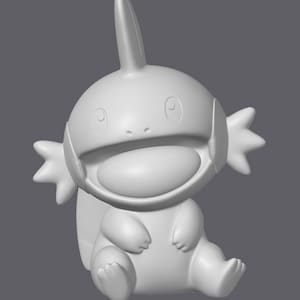 Pode incluir: Uma figurinha branca impressa em 3D de um personagem de desenho animado com uma barbatana na cabeça e barbatanas nas laterais. O personagem está sentado com as pernas cruzadas e os braços cruzados.