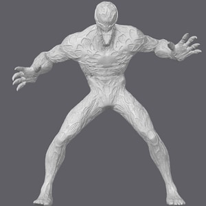 Puede incluir: Un modelo 3D impreso en blanco de una criatura con una expresión amenazante, de pie con las piernas abiertas y los brazos extendidos. La criatura tiene una piel texturizada, escamosa y garras afiladas.