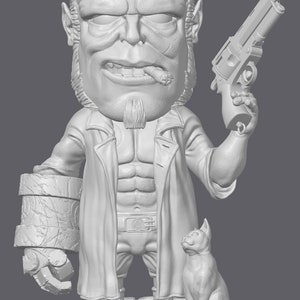 Puede incluir: Una figura gris, impresa en 3D, de un personaje con cuernos, una pistola y un gato. El personaje lleva un abrigo largo y tiene un cigarro en la boca.