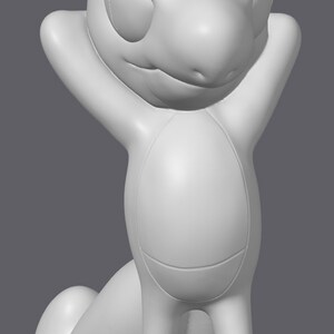 May include: A white 3D model of a cartoon lizard with its arms raised in the air. The lizard has a large head with a wide mouth and a long tail.