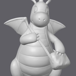 May include: A white, 3D printed model of a cartoon dragon with a small bag slung over its shoulder. The dragon has a large, round body with a small head and wings.