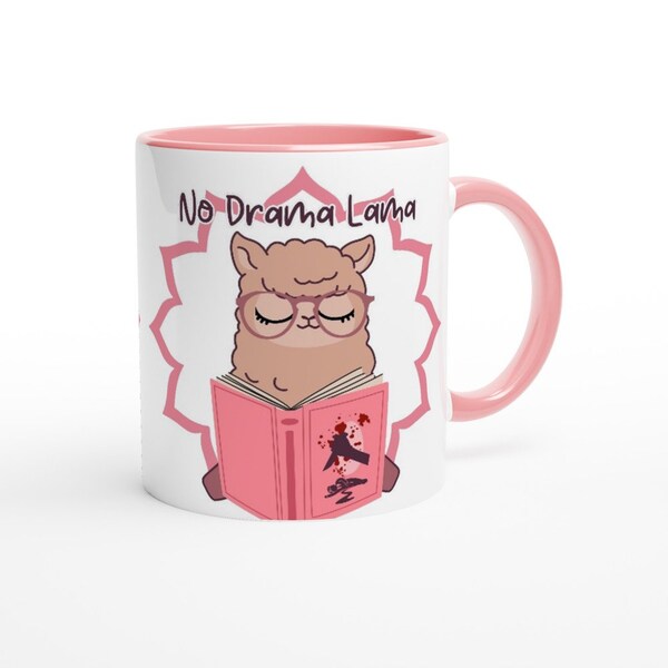 No Drama Lama Keramiktasse 11oz - Pink/Weiß mit Lesendem Lama Design, Spülmaschinenfest