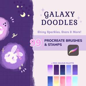 May include: Digital art product advertisement. The image features the text "GALAXY DOODLES" with the tagline "Shiny Sparkles, Stars & More!" and the number "99" indicating the number of Procreate brushes and stamps. The image includes a free color palette.