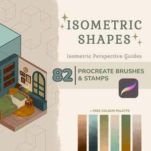 Op de afbeelding: Een illustratie van een isometrische kamer met een bed, boekenkast en raam. De afbeelding bevat de tekst "Isometric Shapes" en "82 Procreate Brushes & Stamps". Onderaan wordt een kleurenpalet getoond.