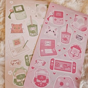 Cute Pink Coquette Gamer set-up Stickersheet | Retro Games Virtual Pets Ragdoll Cat Bubble Tea Controller Switch DS Kawaii trinket stickers image 3