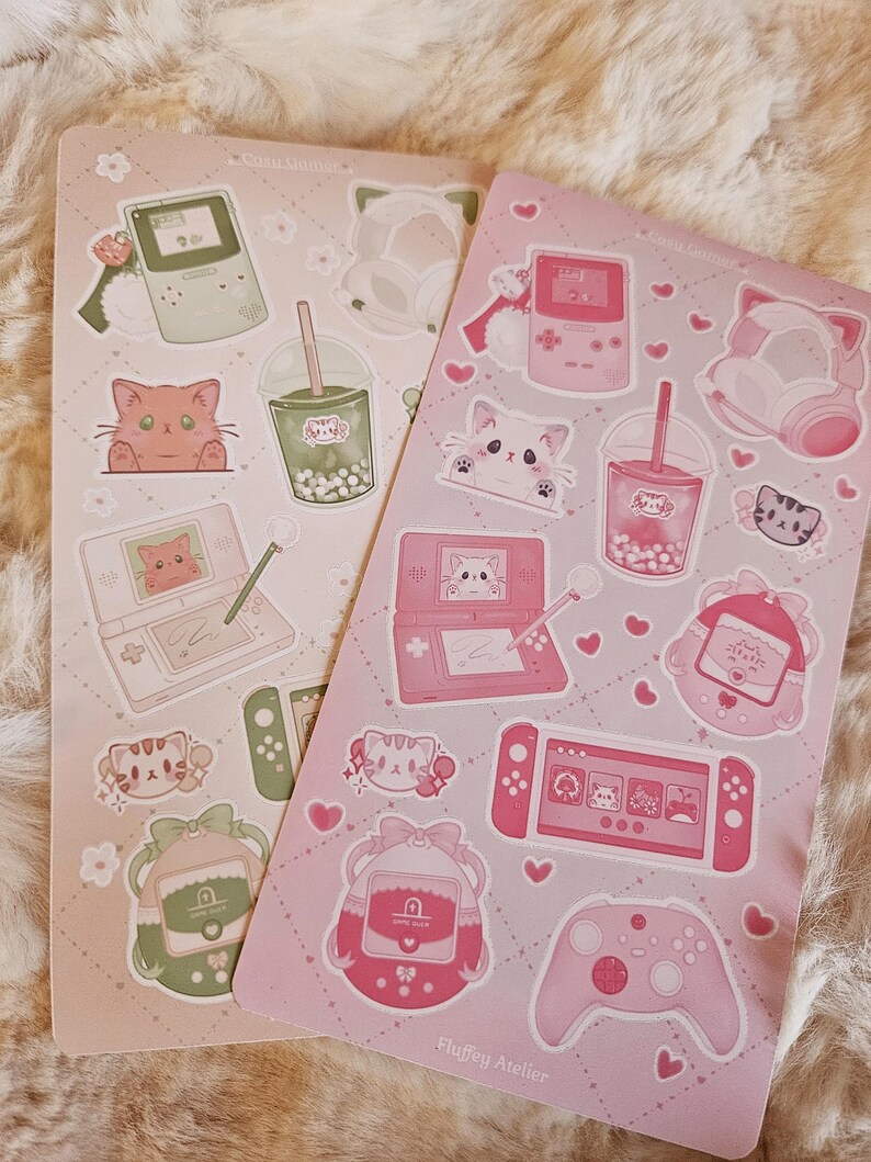 Cute Pink Coquette Gamer set-up Stickersheet | Retro Games Virtual Pets Ragdoll Cat Bubble Tea Controller Switch DS Kawaii trinket stickers image 3