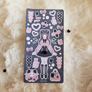 Cute Harajuku Fashion Jirai Kei stickersheet | Dress up doll vinyl stickers with cute bows, pearls, bunny plushes and lace-up details image 2