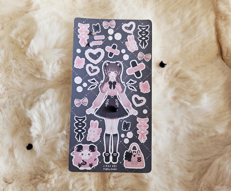 Cute Harajuku Fashion Jirai Kei stickersheet | Dress up doll vinyl stickers with cute bows, pearls, bunny plushes and lace-up details image 2