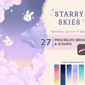 May include: Digital artwork featuring a pastel sky with clouds, stars, and white bunny characters. The text reads "STARRY SKIES" and "27 PROCREATE BRUSHES & STAMPS". Includes a free colour palette with various shades.